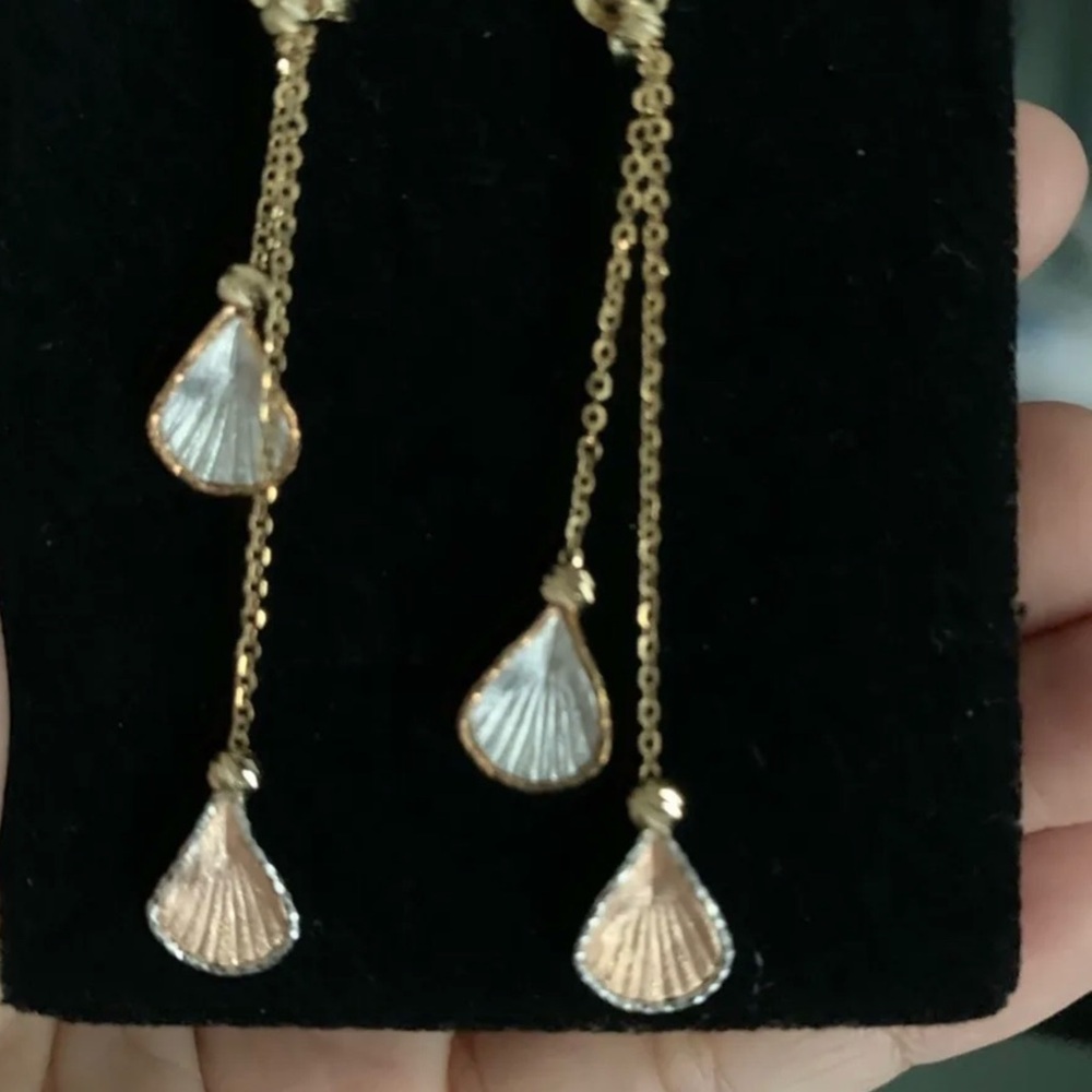 Tri-Color 14K Gold Calla Lily Dangle Earrings, Seashell - Picture 4 of 8